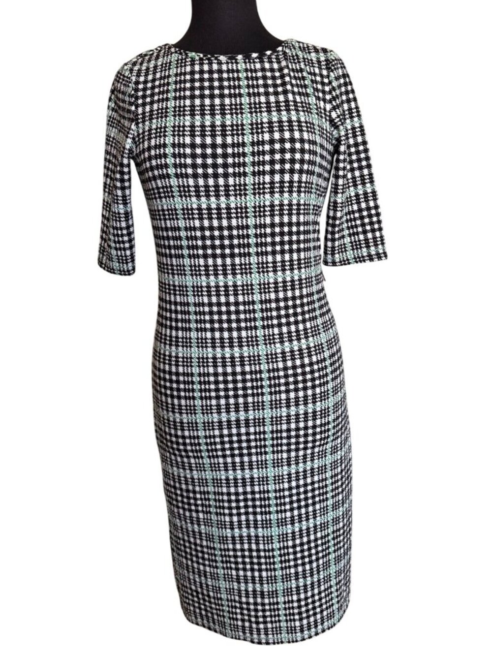 Tacera Brand Green White Black Plaid & Houndstooth Sheath Dress Women's Size S